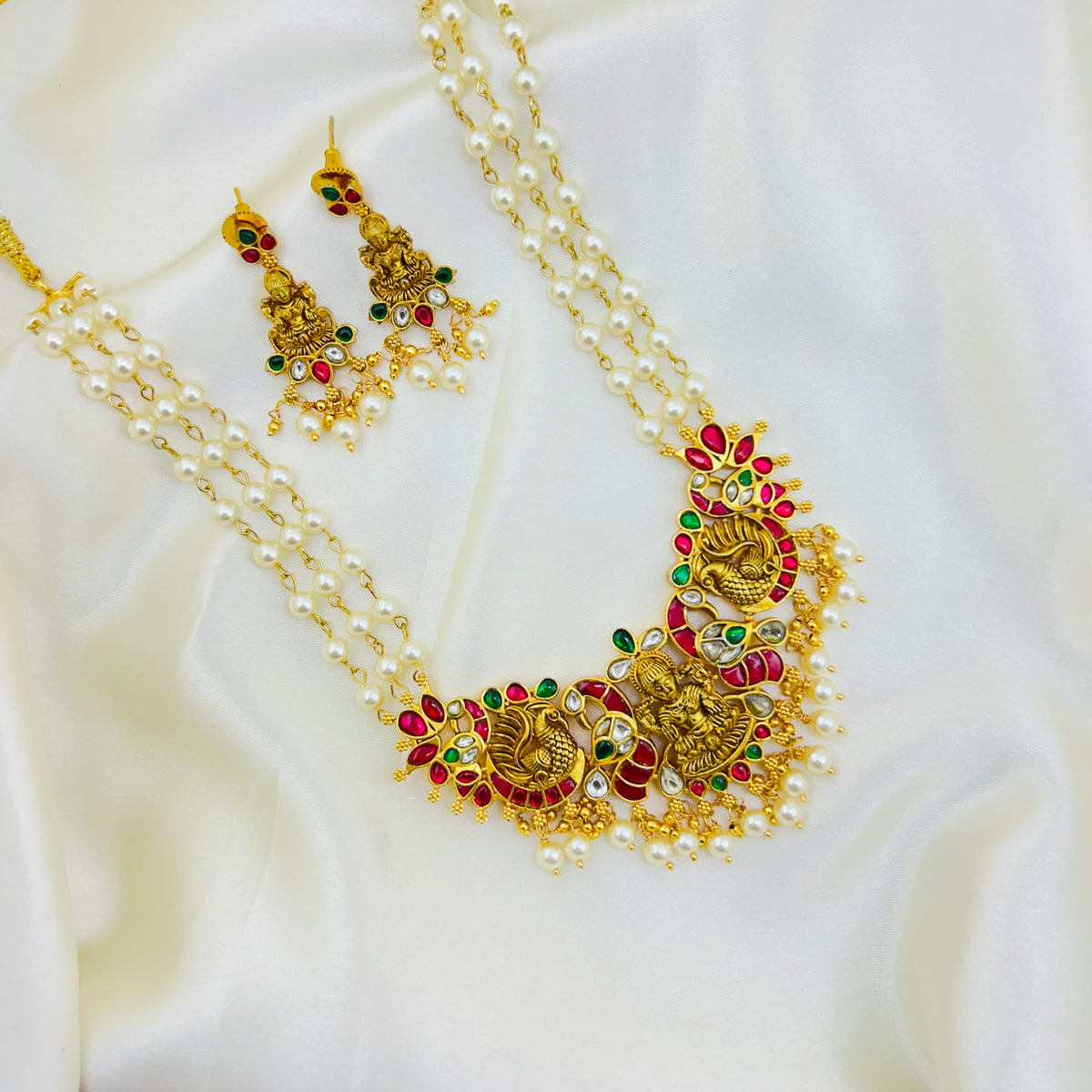Lakshmi Jadau Pearl Necklace Set – Three Layer Twisted Pearl Haara with Lakshmi Earrings