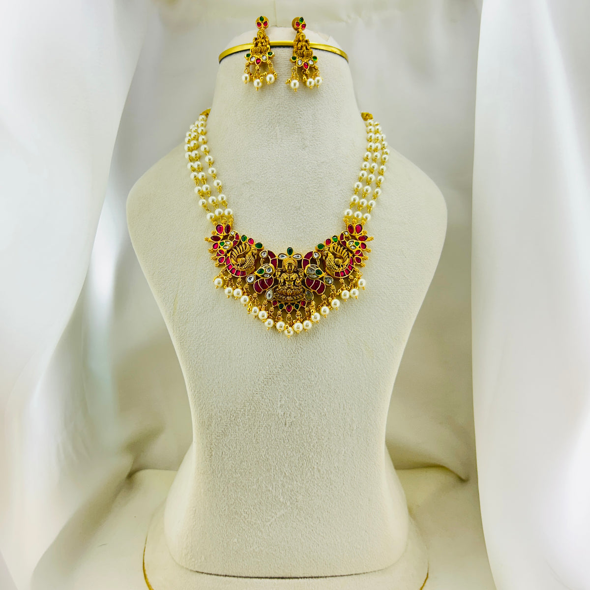 Lakshmi Jadau Pearl Necklace Set – Three Layer Twisted Pearl Haara with Lakshmi Earrings