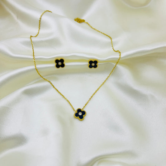 Black enamel clover pendant - necklace and earring set