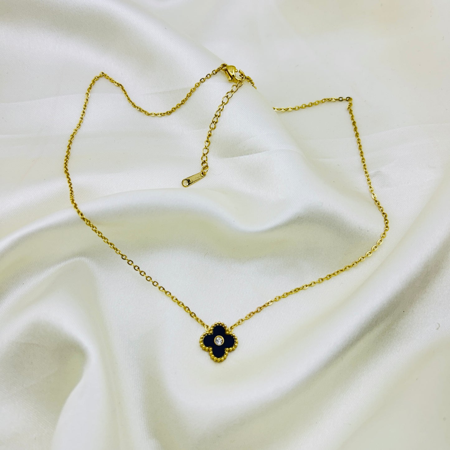Black enamel clover pendant - necklace and earring set
