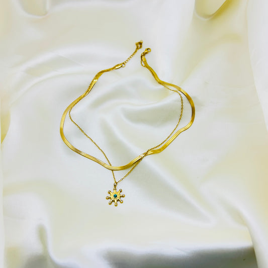 Small ocean blue studded two layer demifine necklace