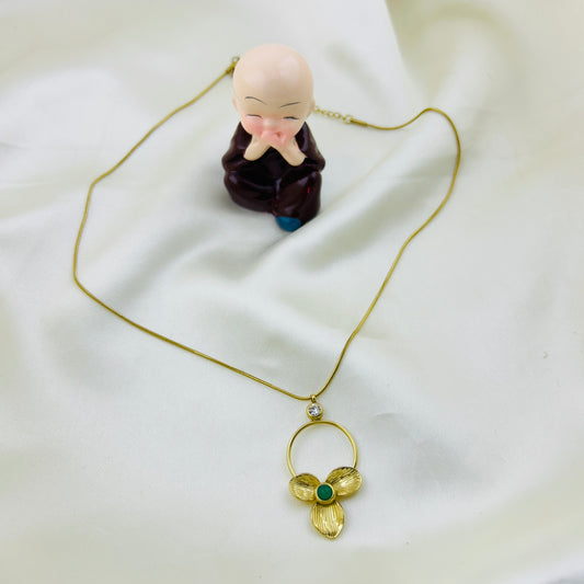 Three petal flower with a green stone at centre pendant demifine necklace