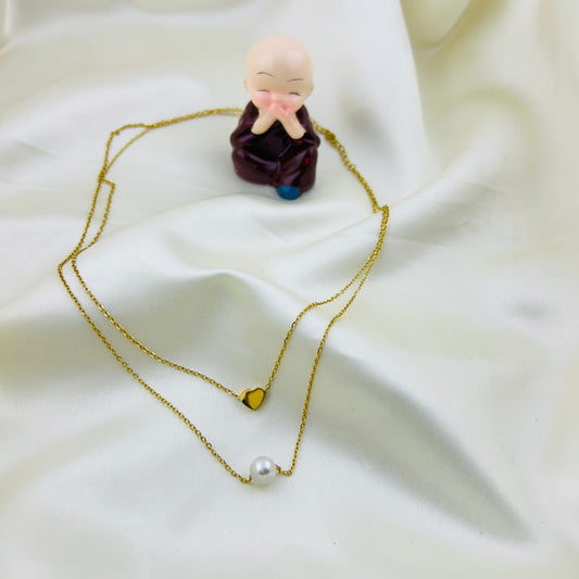 Two layer heart and a pearl demifine necklace