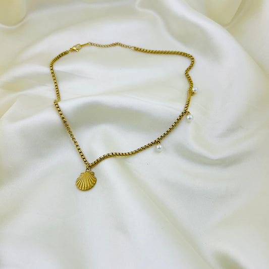 Coastal charm shell pendant and side pearl drop demifine necklace - beach inspired