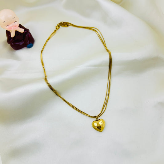 Three layered chain with single heart pendant demifine necklace