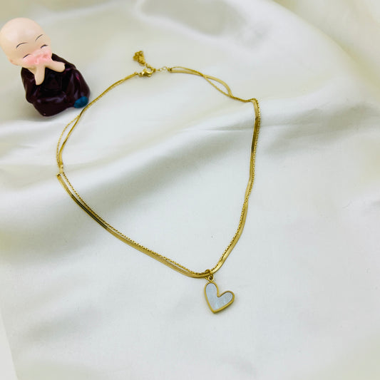 Two layered chain with shell enamel heart pendant demifine necklace