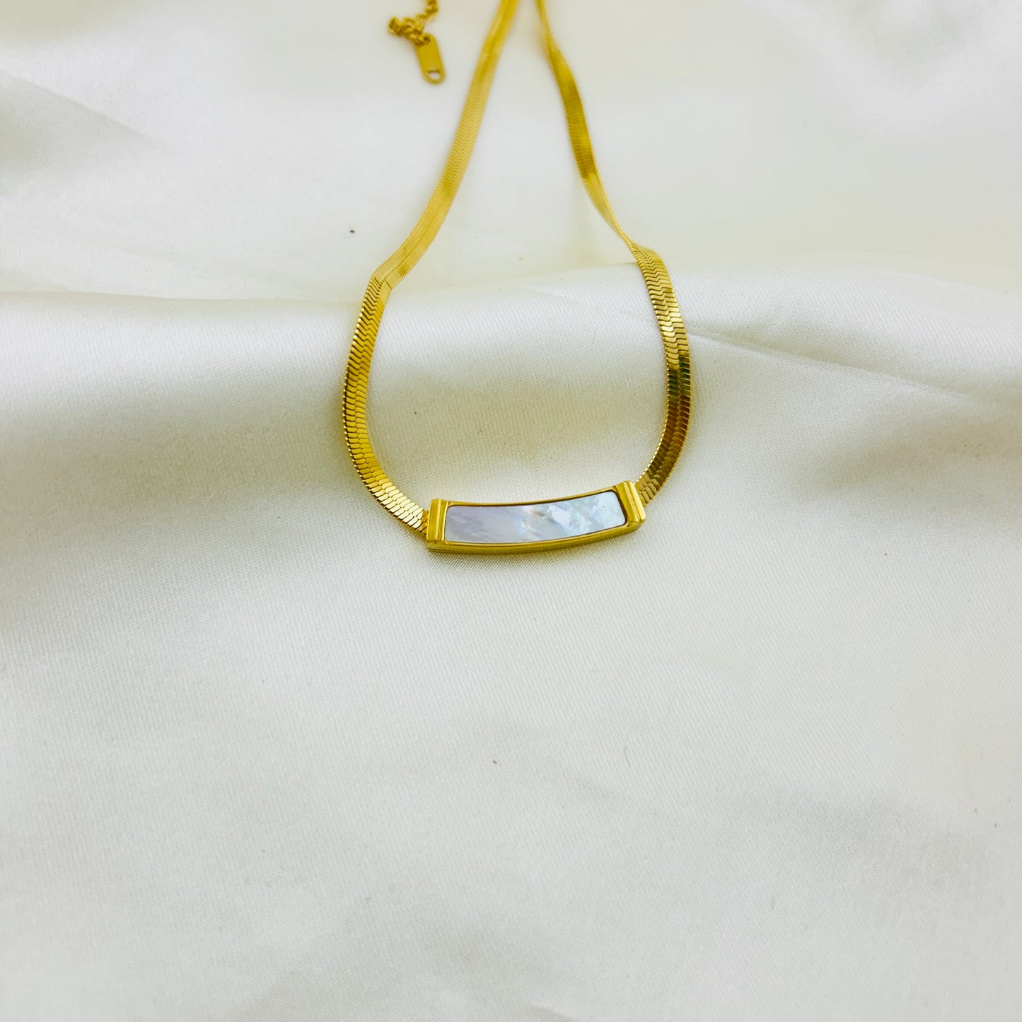 Baguette enamel shell locket with golden chain demifine necklace