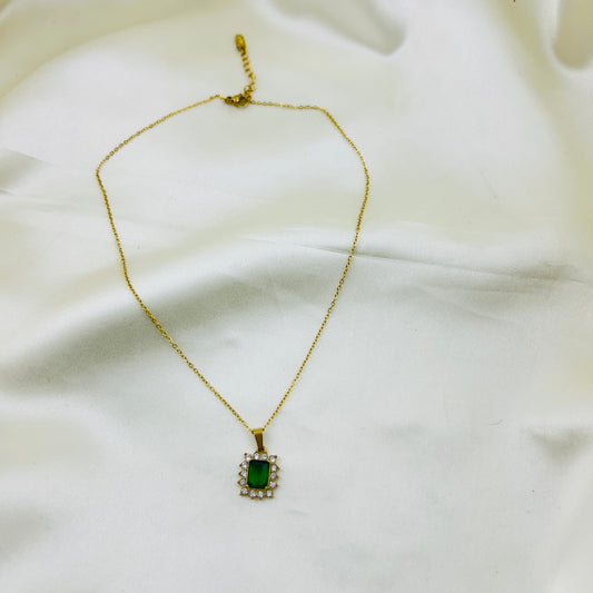 Emerald Green stone with AD around pendant in a thin chain demifine necklace