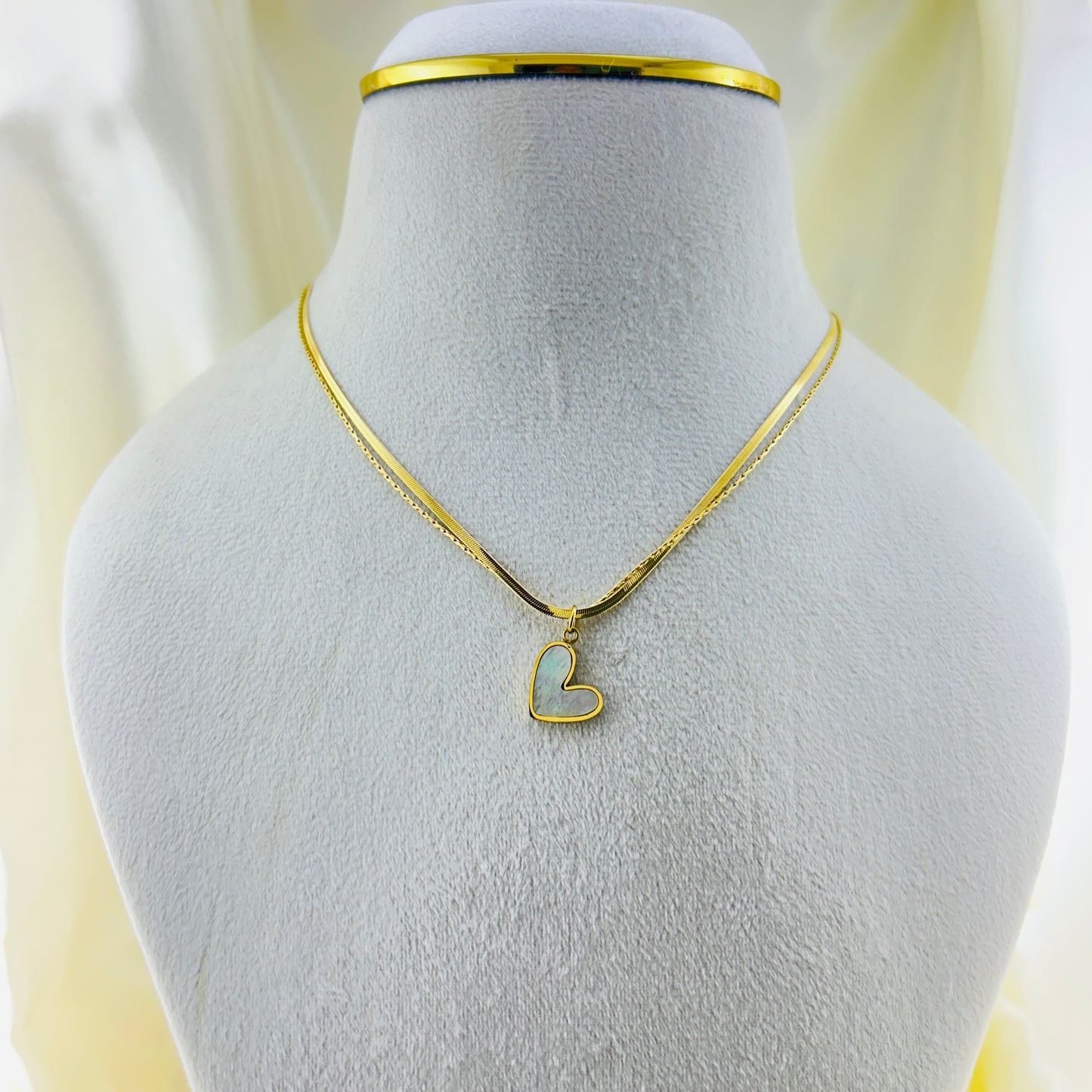 Two layered chain with shell enamel heart pendant demifine necklace