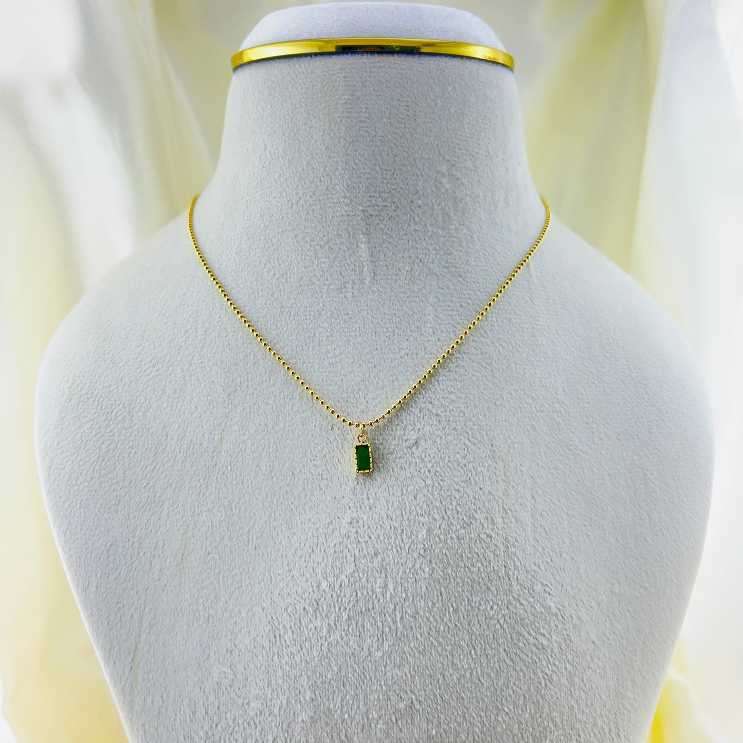 Tiny emerald green pendant with dotted chain demifine necklace