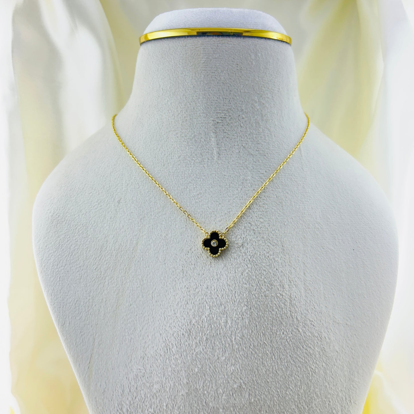 Black enamel clover pendant - necklace and earring set
