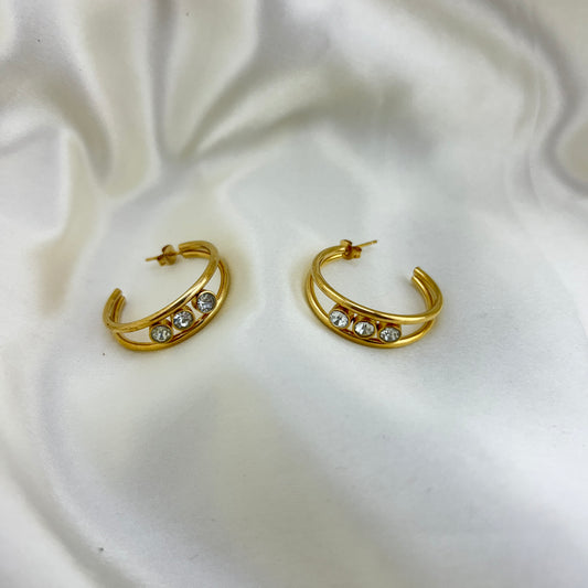 Two layer ear cuffs joined with three crystals  - hoop earrings