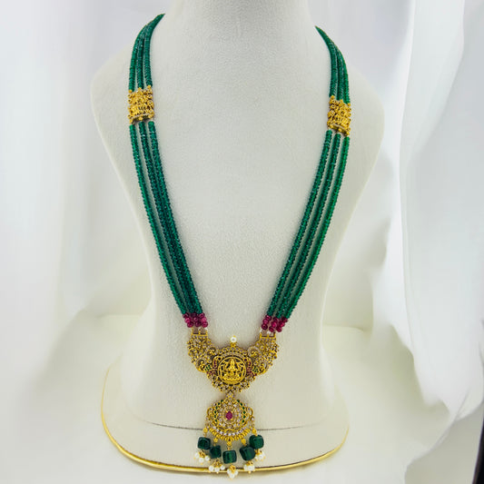 Royal Long necklace with green semiprecious beads and Lakshmi pendants with earrings