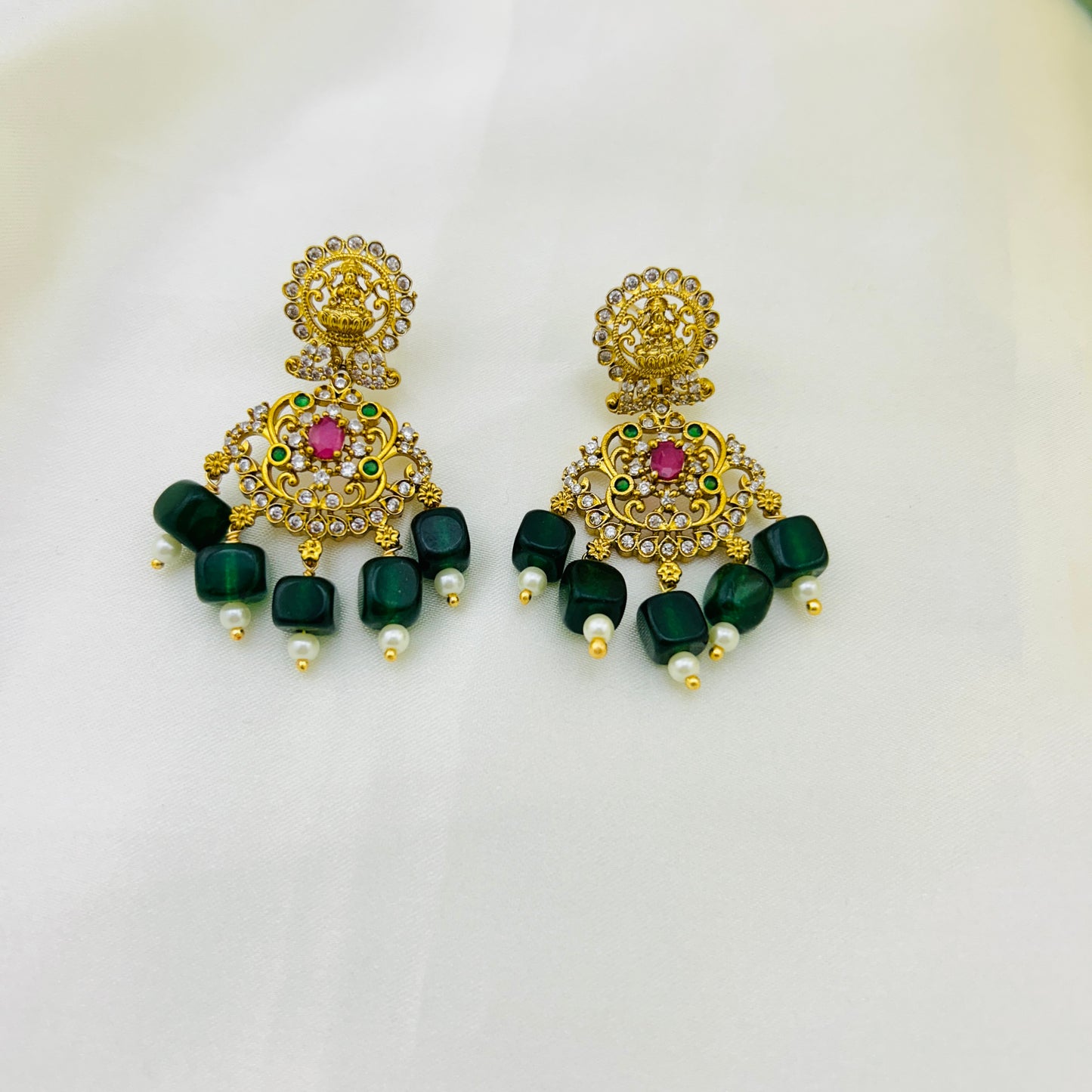 Royal Long necklace with green semiprecious beads and Lakshmi pendants with earrings