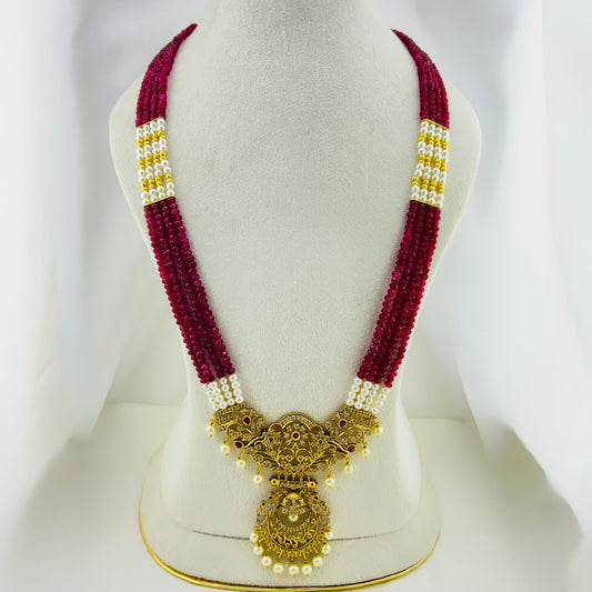 Dark ruby pink onyx long haara with earrings