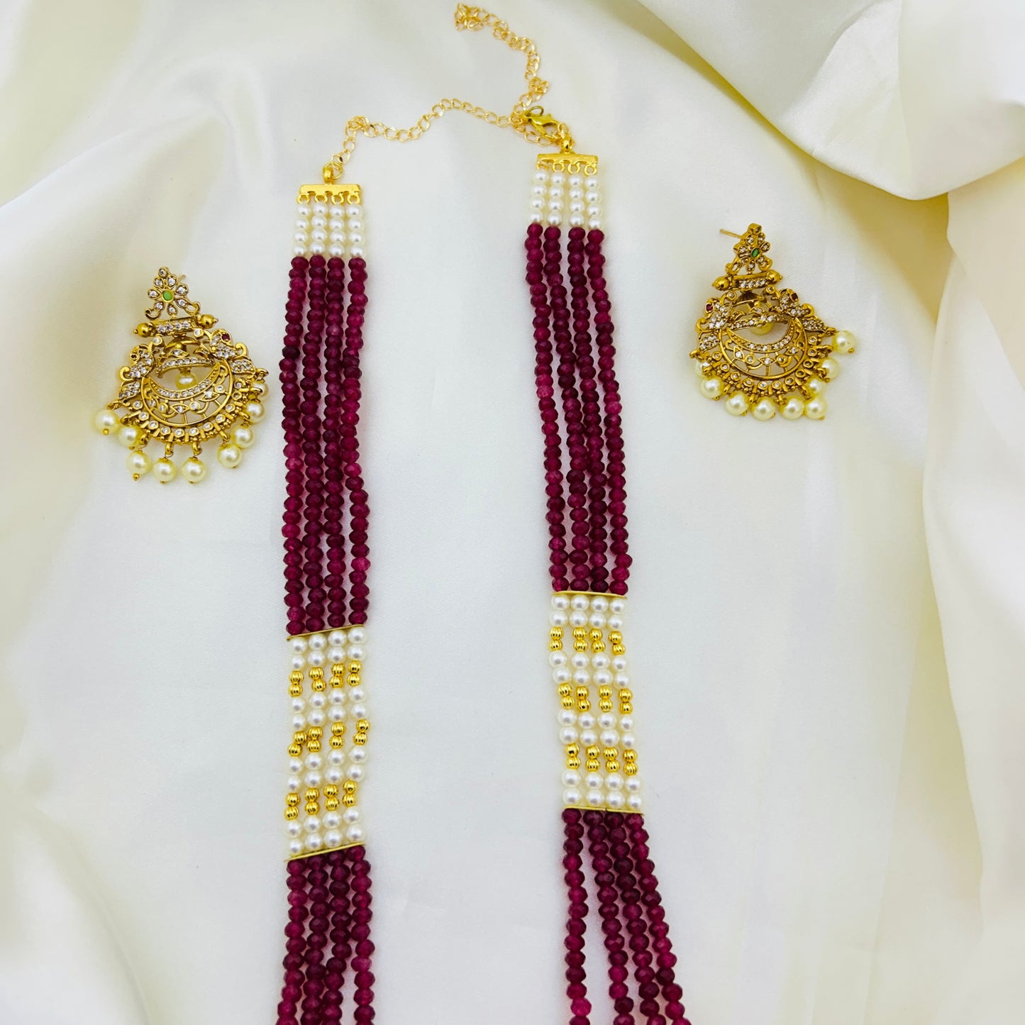 Dark ruby pink onyx long haara with earrings