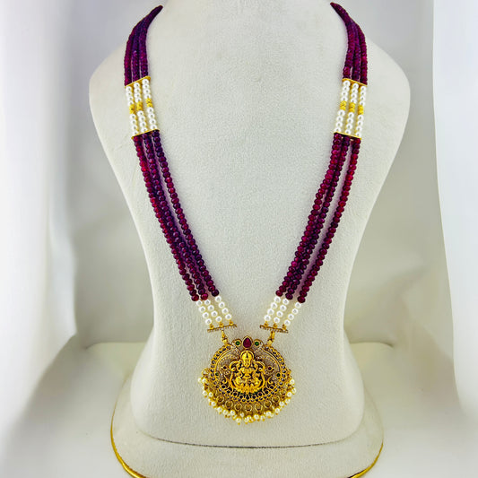 Maroon onyx beaded long haara with Lakshmi pendant