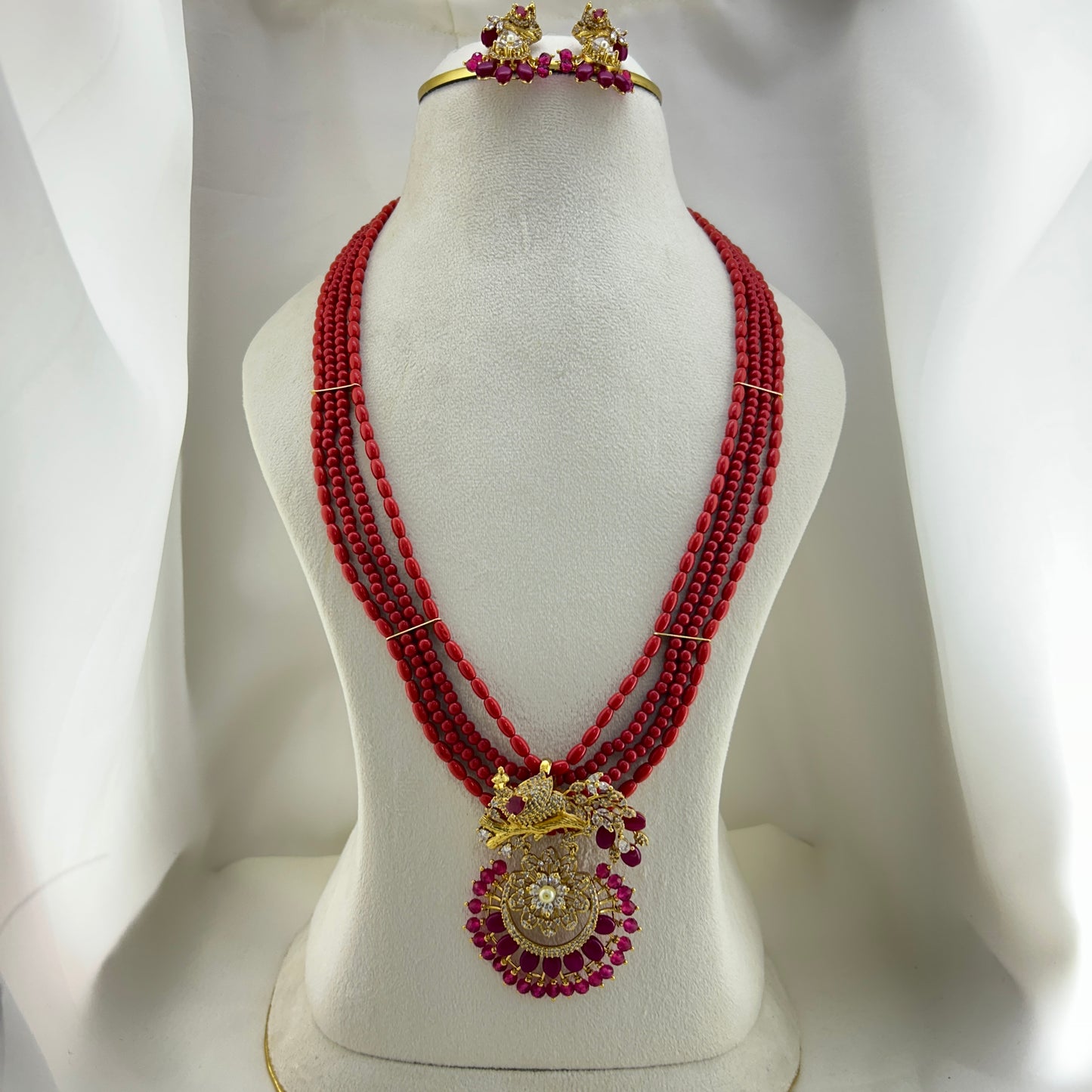 Celebrity inspired Coral haara with peacock pendant and earrings