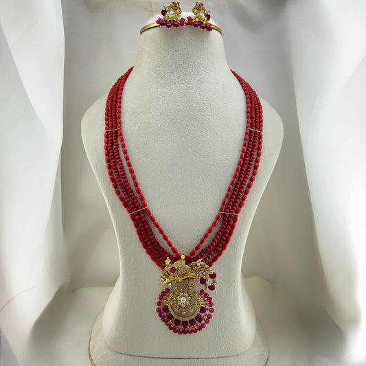 Celebrity inspired Coral haara with peacock pendant and earrings