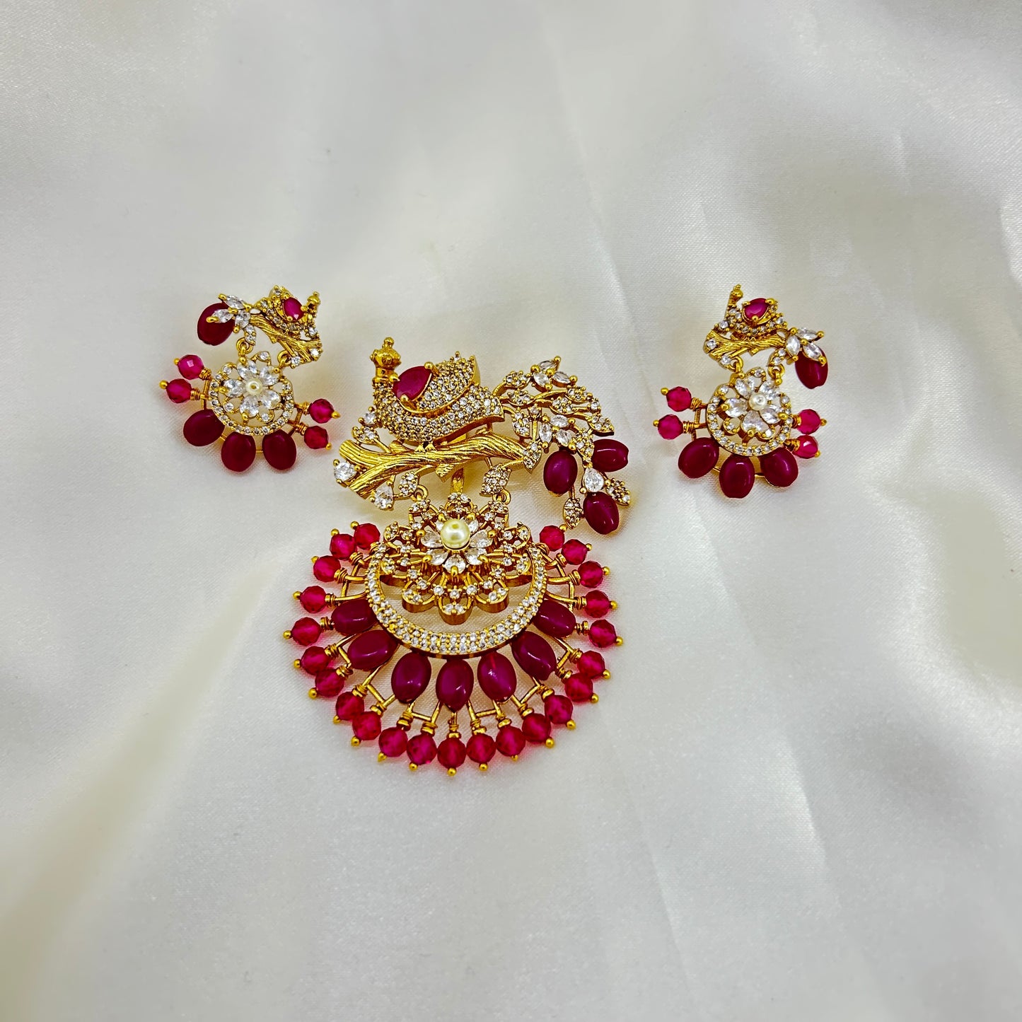Celebrity inspired Coral haara with peacock pendant and earrings