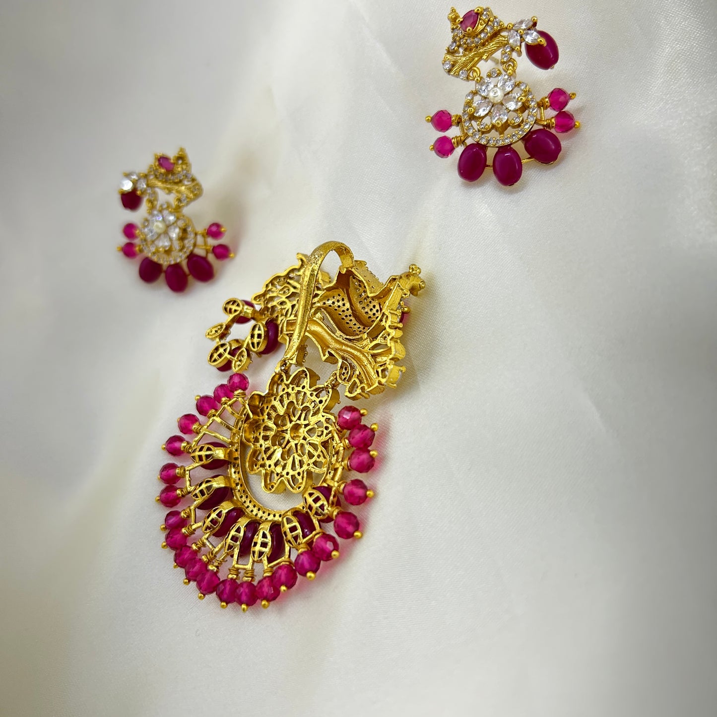 Celebrity inspired Coral haara with peacock pendant and earrings