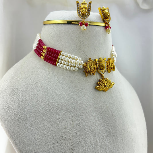 Balaji choker - Pearl and Lab grown ruby beads with earrings