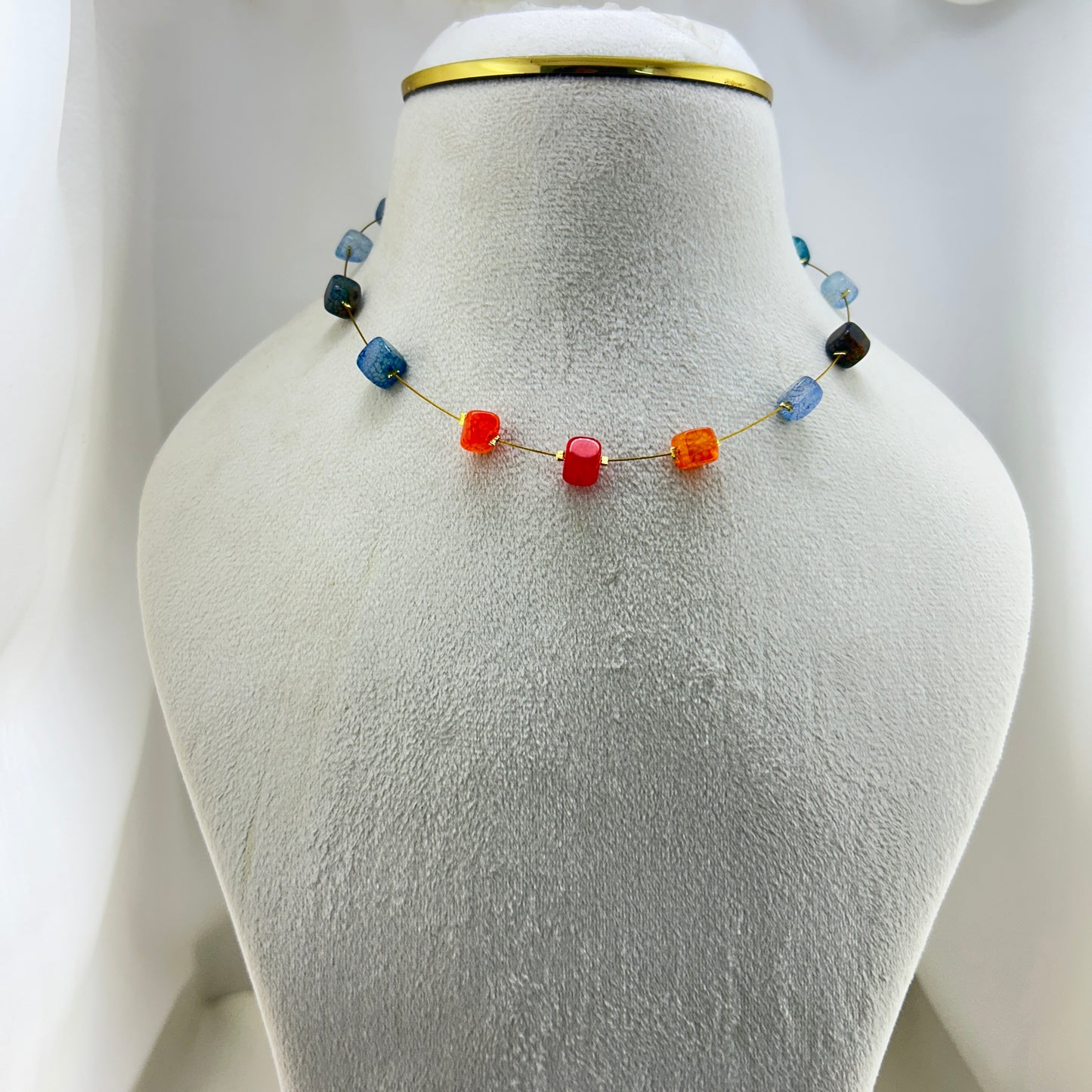 Aquamarine and fire Agate - Natural stone invisible chain