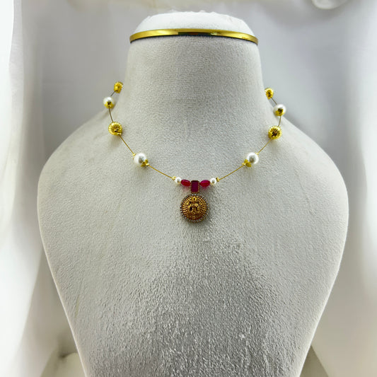 Pearl and gold beads - Lakshmi pendant invisible chain