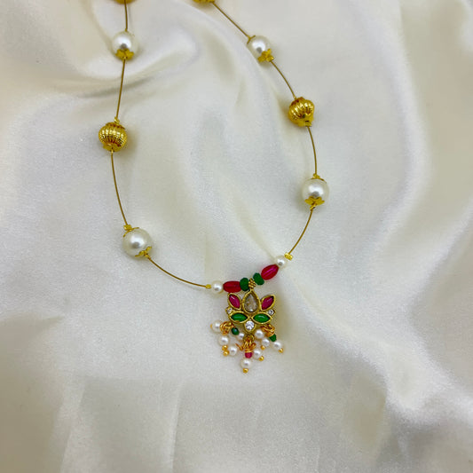 Pearl and gold beads - lotus pendant invisible chain