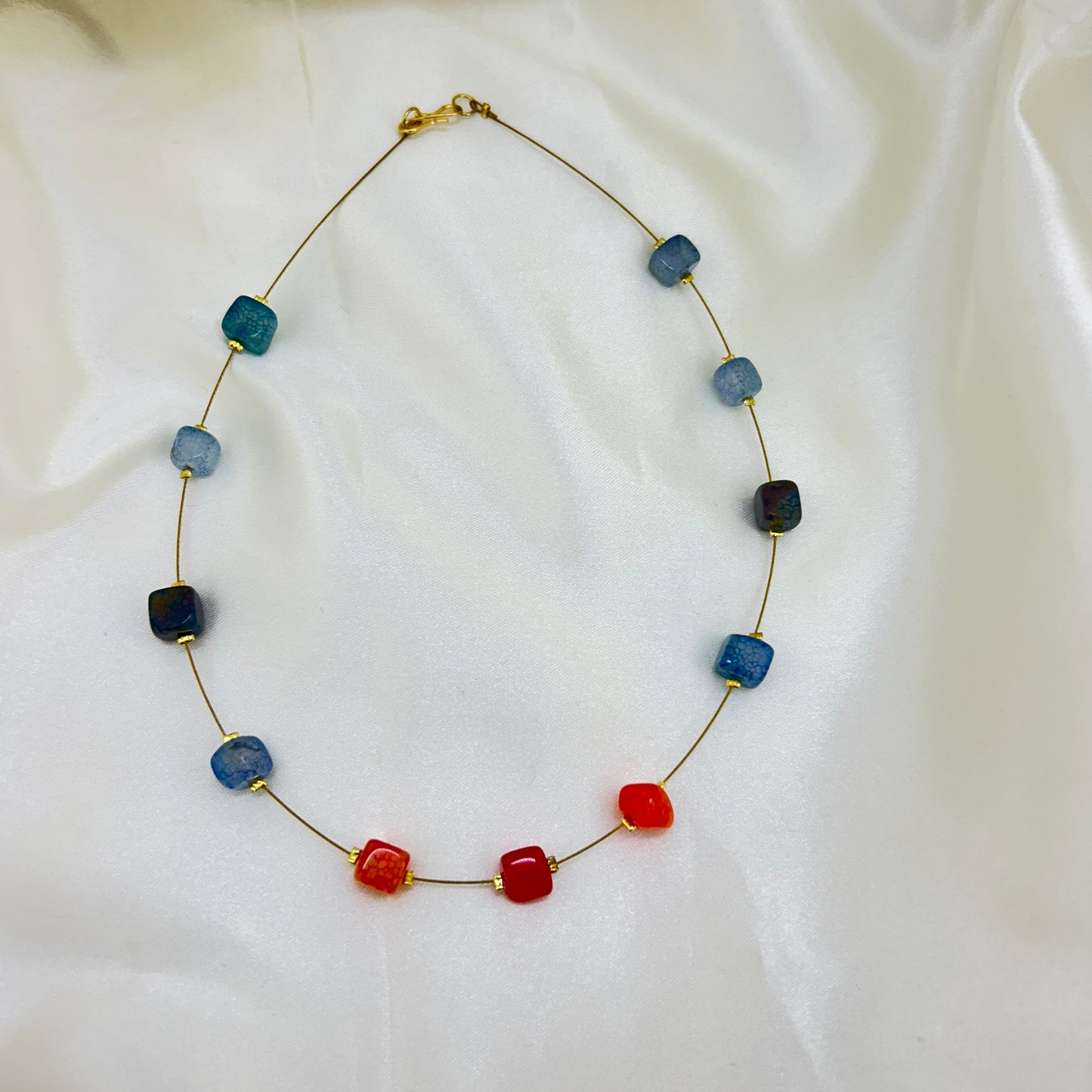 Aquamarine and fire Agate - Natural stone invisible chain