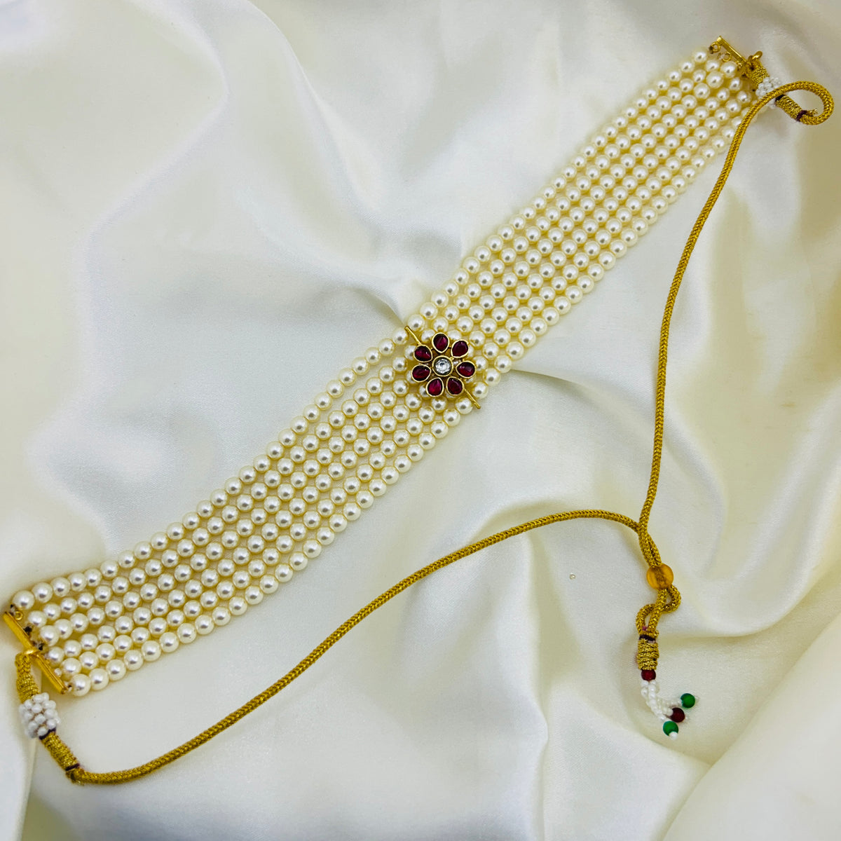 Ruby Bloom Six-Layer Pearl Choker | Handcrafted Statement Necklace