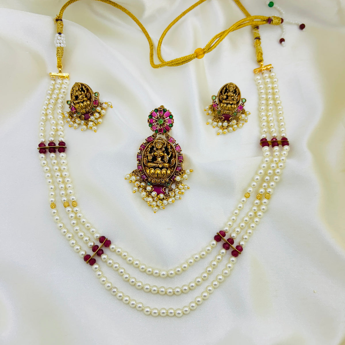 Lakshmi Pearl & Ruby Three-Layer Necklace Set | 2-Way Handcrafted Jewellery Set
