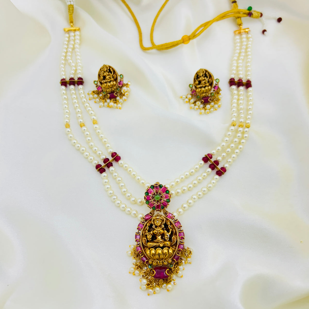 Lakshmi Pearl & Ruby Three-Layer Necklace Set | 2-Way Handcrafted Jewellery Set