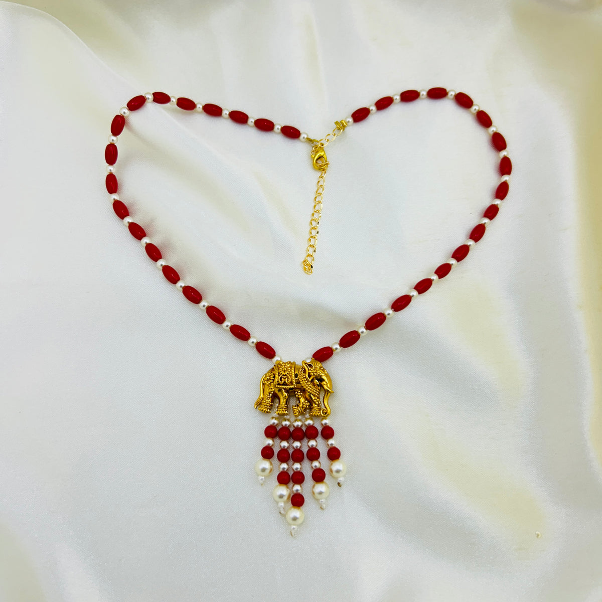 Coral & Pearl Elephant Motif Handcrafted Short Necklace