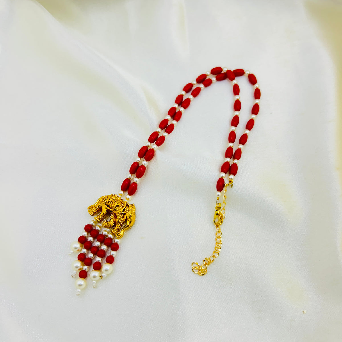 Coral & Pearl Elephant Motif Handcrafted Short Necklace