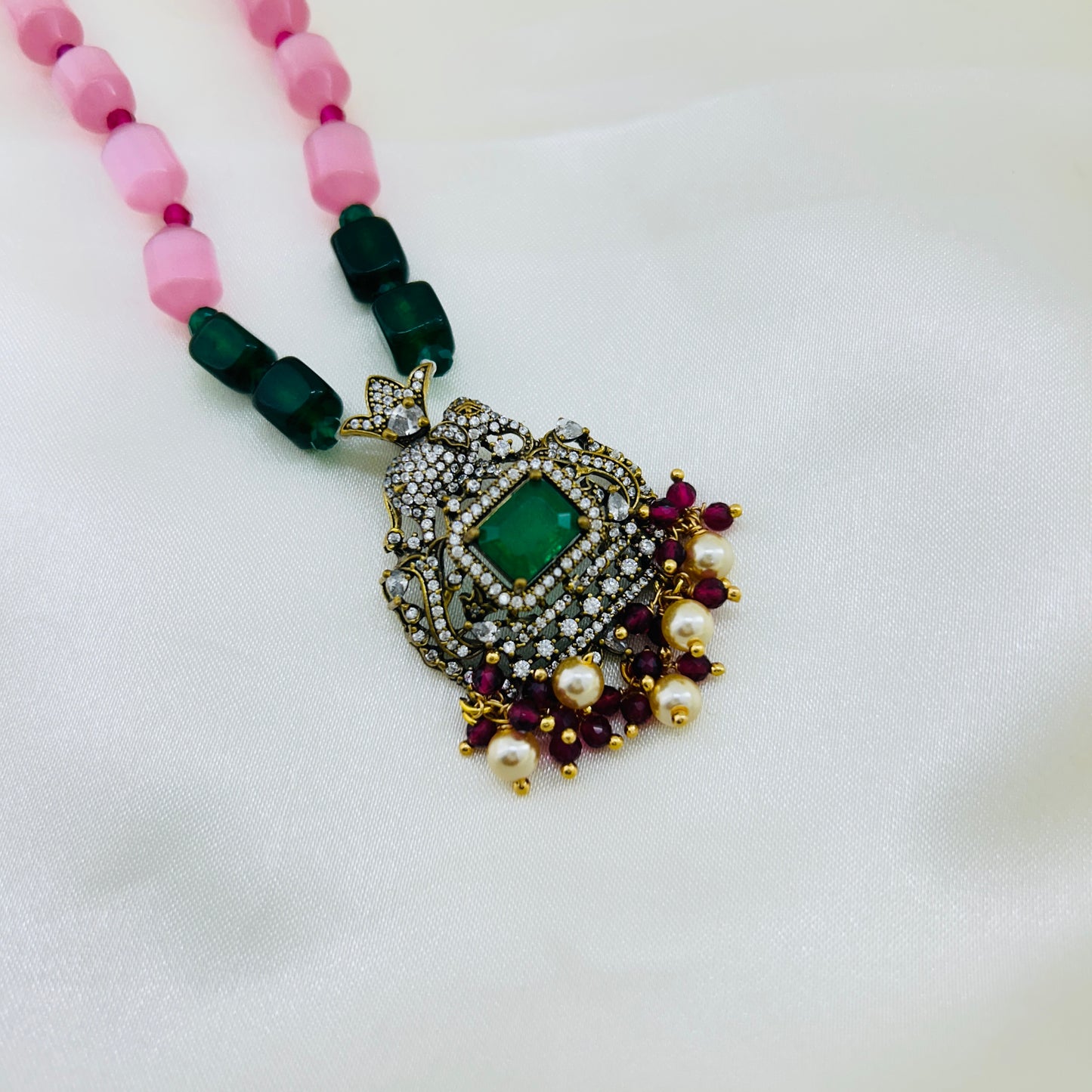 Victorian elephant motif necklace pink beads