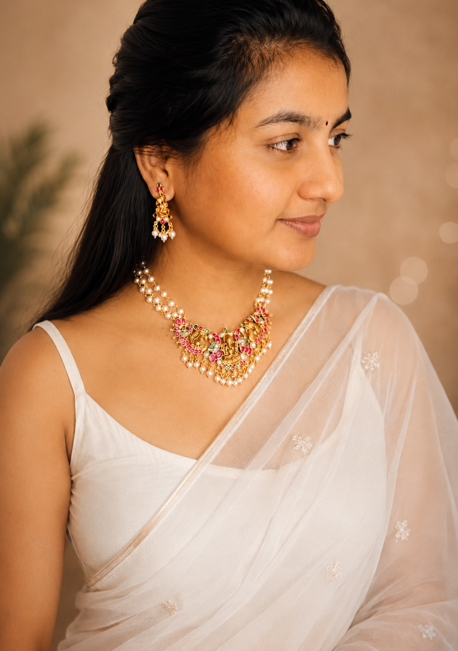 A woman wearing a white saree and a gold-toned statement necklace with pink and green gemstone accents, photographed against a soft beige background.