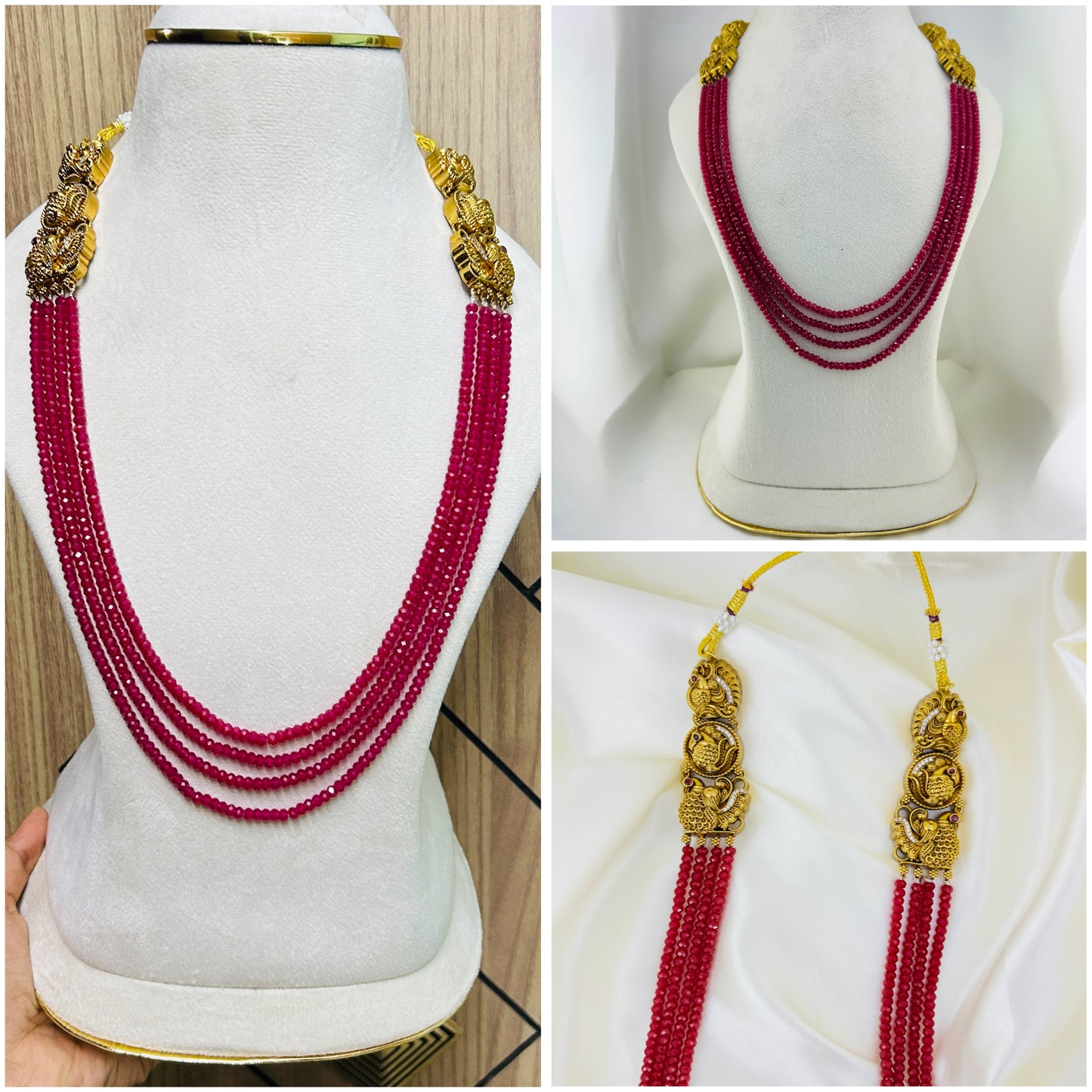 Deep pink Lab grown ruby beads rich haara