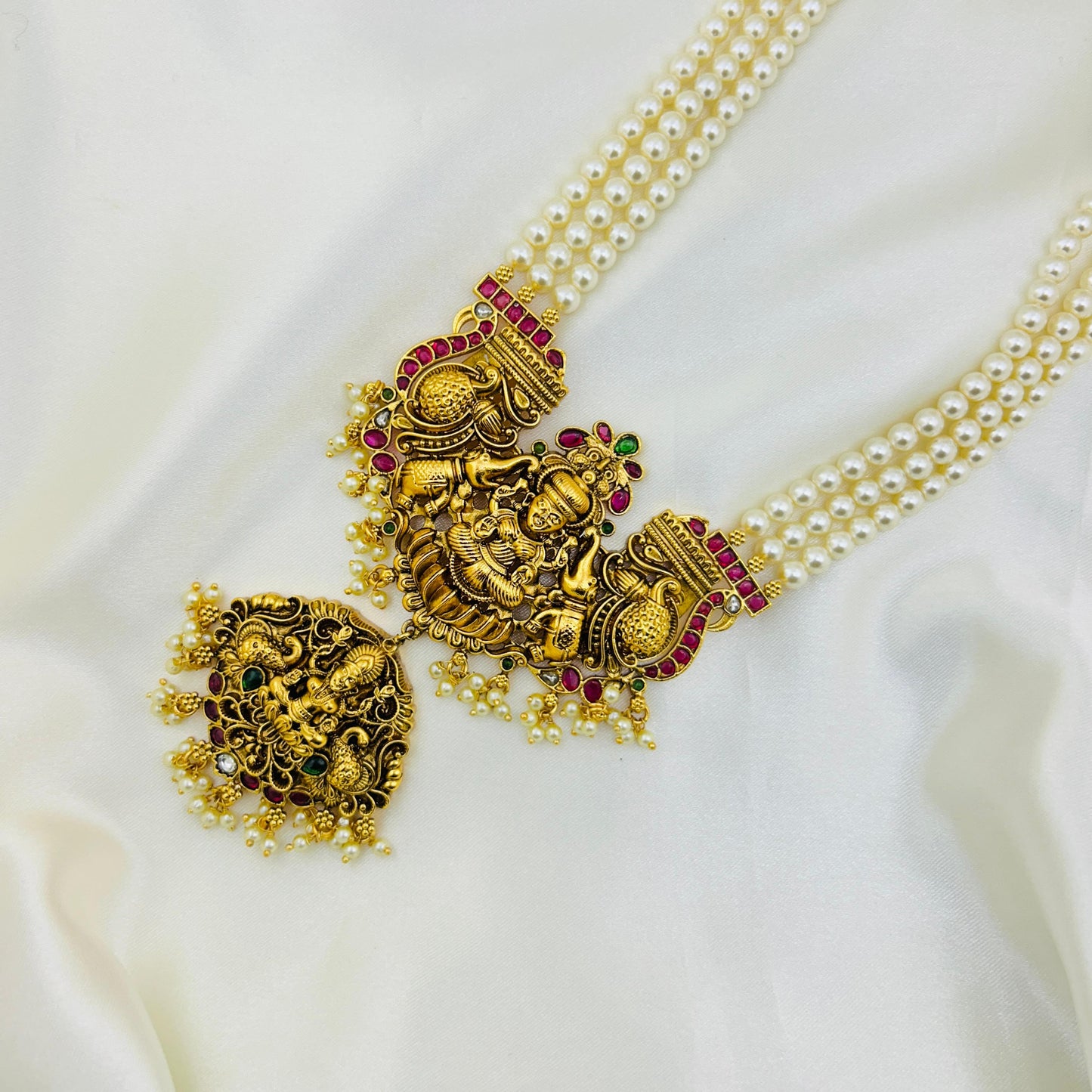 Grand Lakshmi Pearl Haara | Traditional Temple Jewellery Long Haram