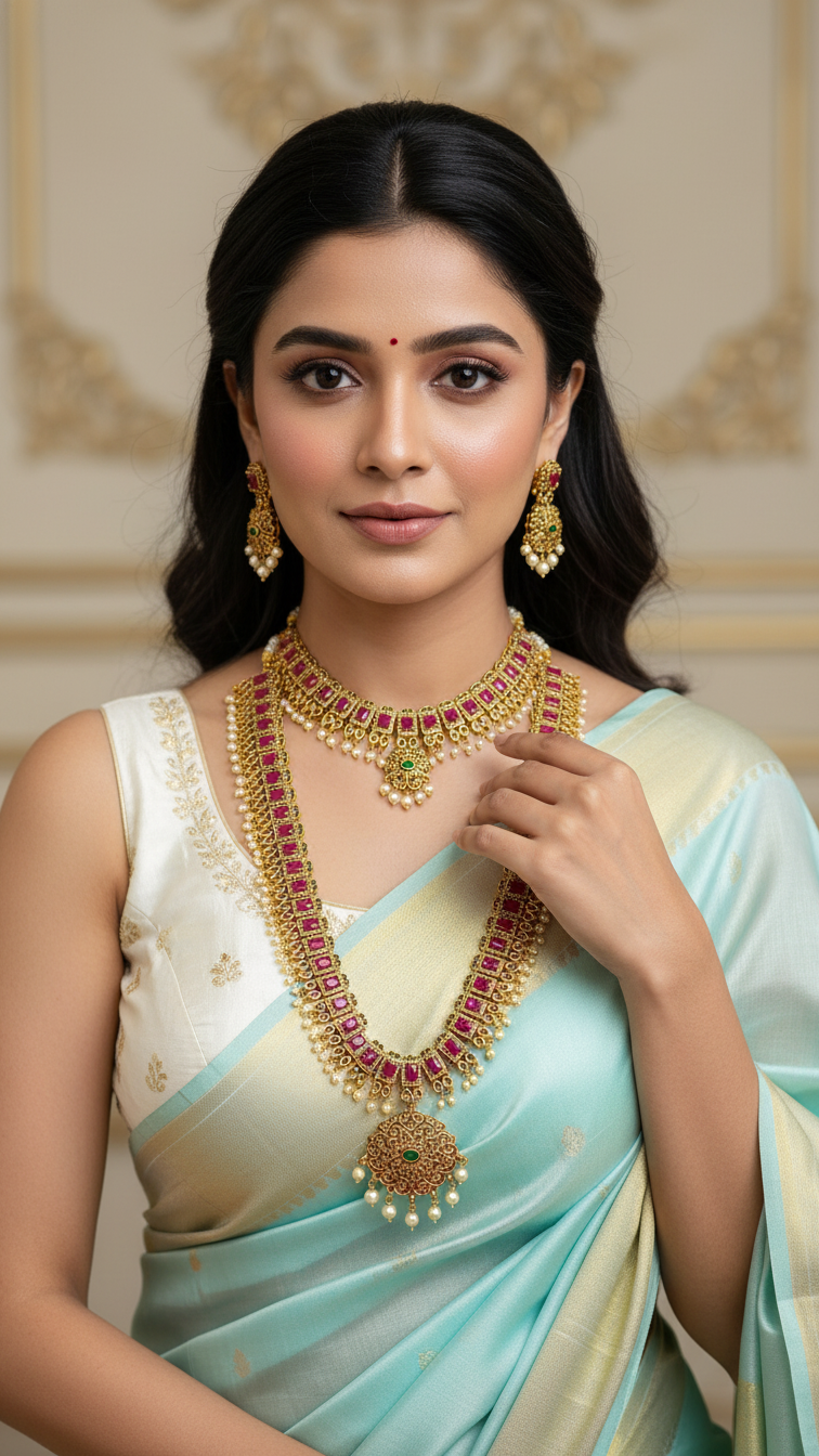 Victorian bridal set with AD-ruby stones- Short and long necklaces with earrings