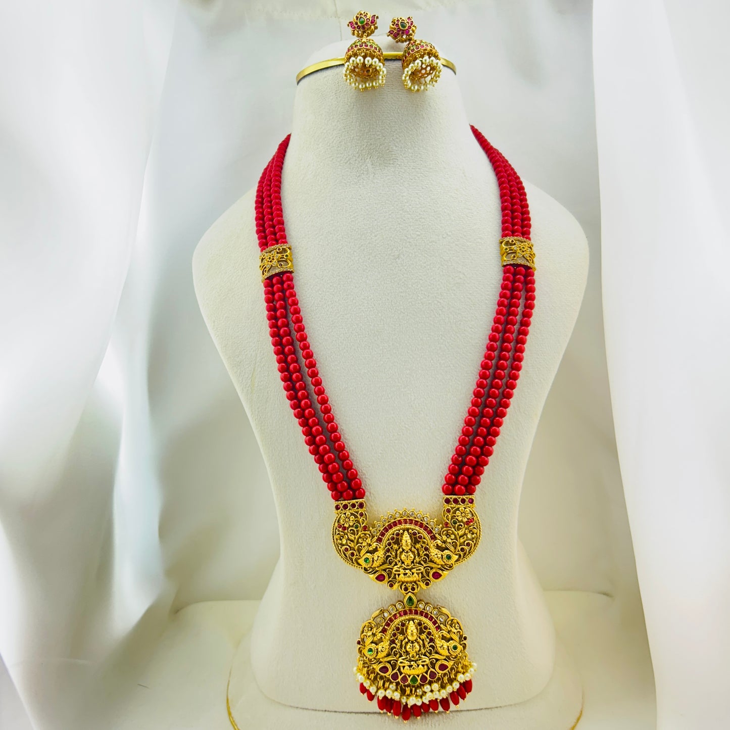 Three-Layer Coral Haara with Lakshmi Pendant | Traditional Temple Jewellery