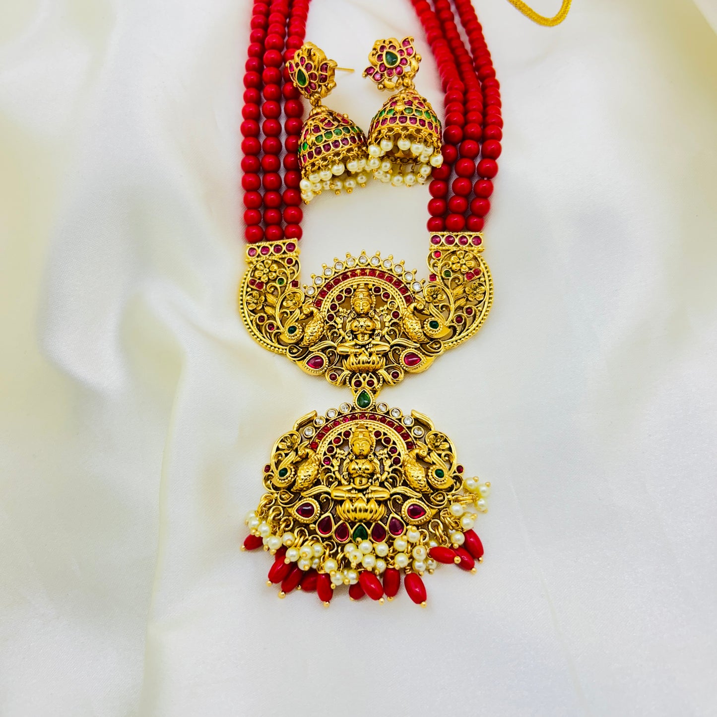 Three-Layer Coral Haara with Lakshmi Pendant | Traditional Temple Jewellery
