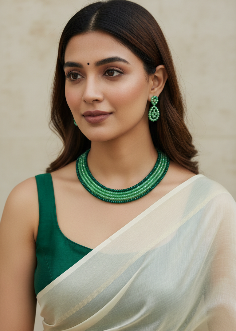 Woman wearing a green saree with matching jewelry against a neutral background