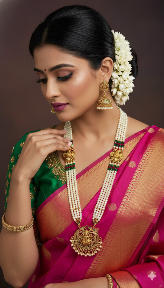 Swarovski Pearl & Gandaberunda Lakshmi Haara Set – Semi-Precious Beaded Long Necklace with Earrings