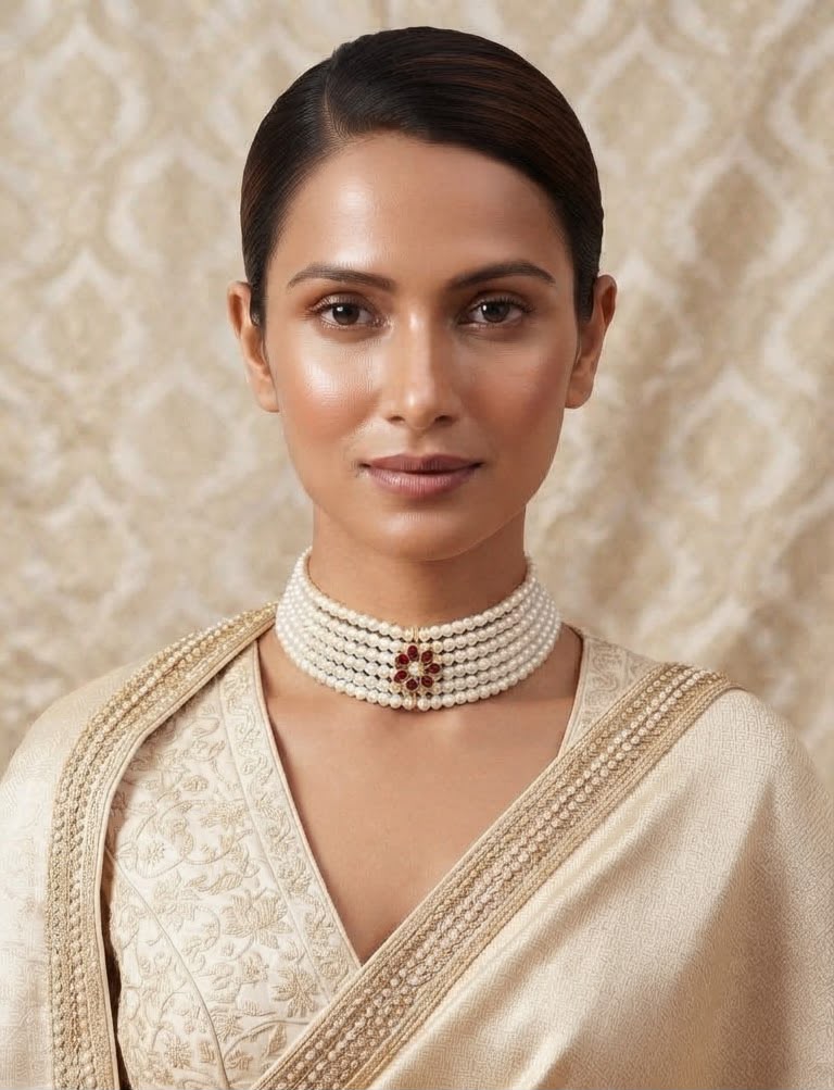 Ruby Bloom Six-Layer Pearl Choker | Handcrafted Statement Necklace