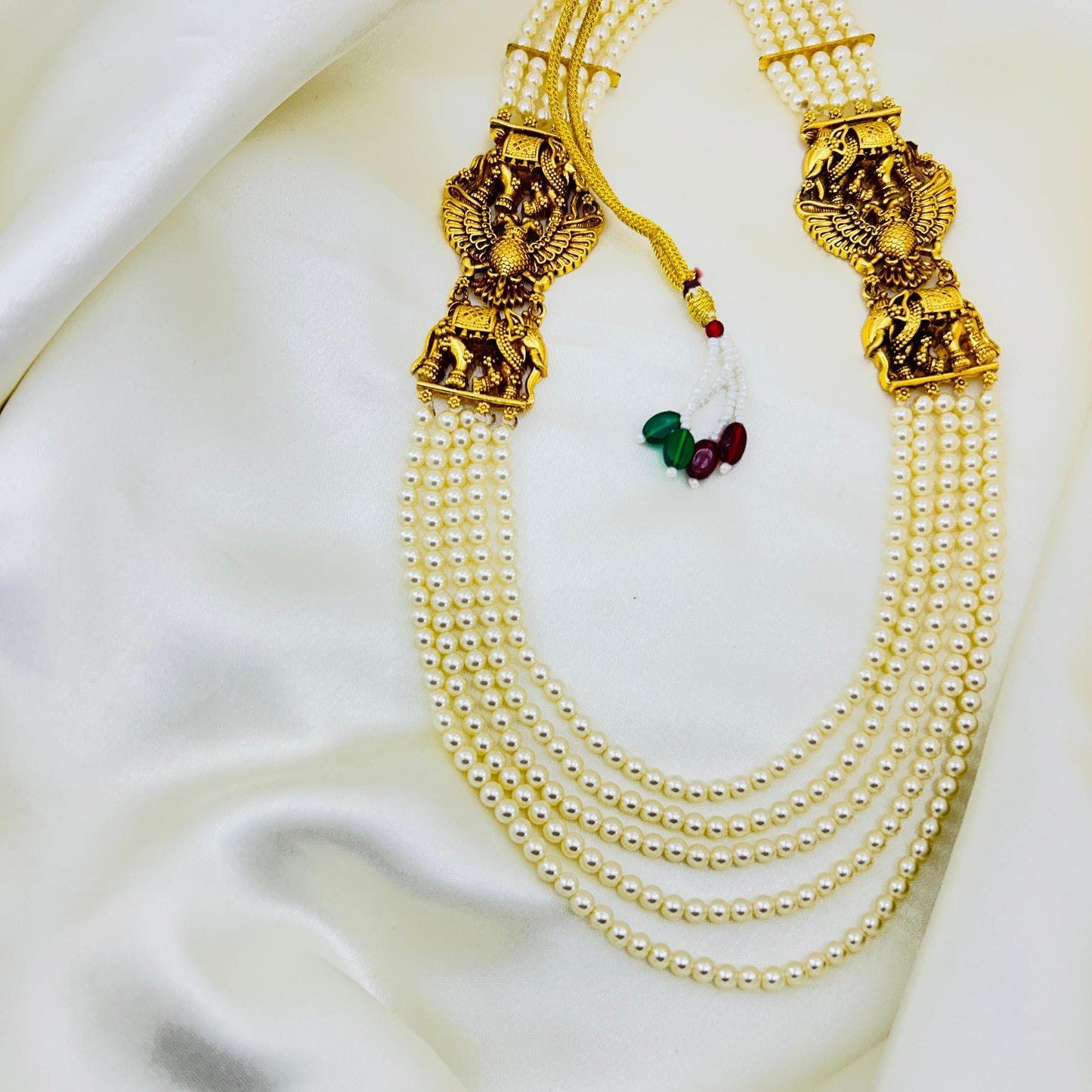 Royal 5-Layer Pearl Haara with Gandaberunda & Elephant Motif Side Pendants