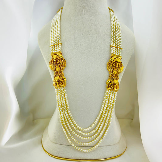 Royal 5-Layer Pearl Haara with Gandaberunda & Elephant Motif Side Pendants