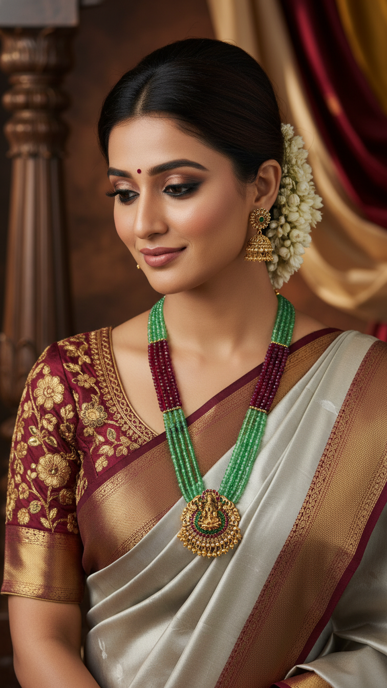 FOUR LAYER ONYX HAARA SET – PINK & SEA GREEN WITH LAKSHMI PENDANT