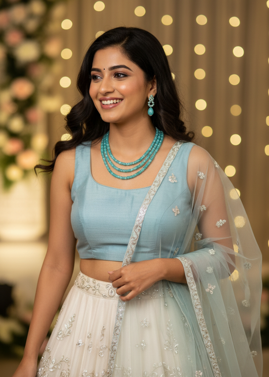 Woman in a light blue traditional outfit with jewelry against a string of lights background