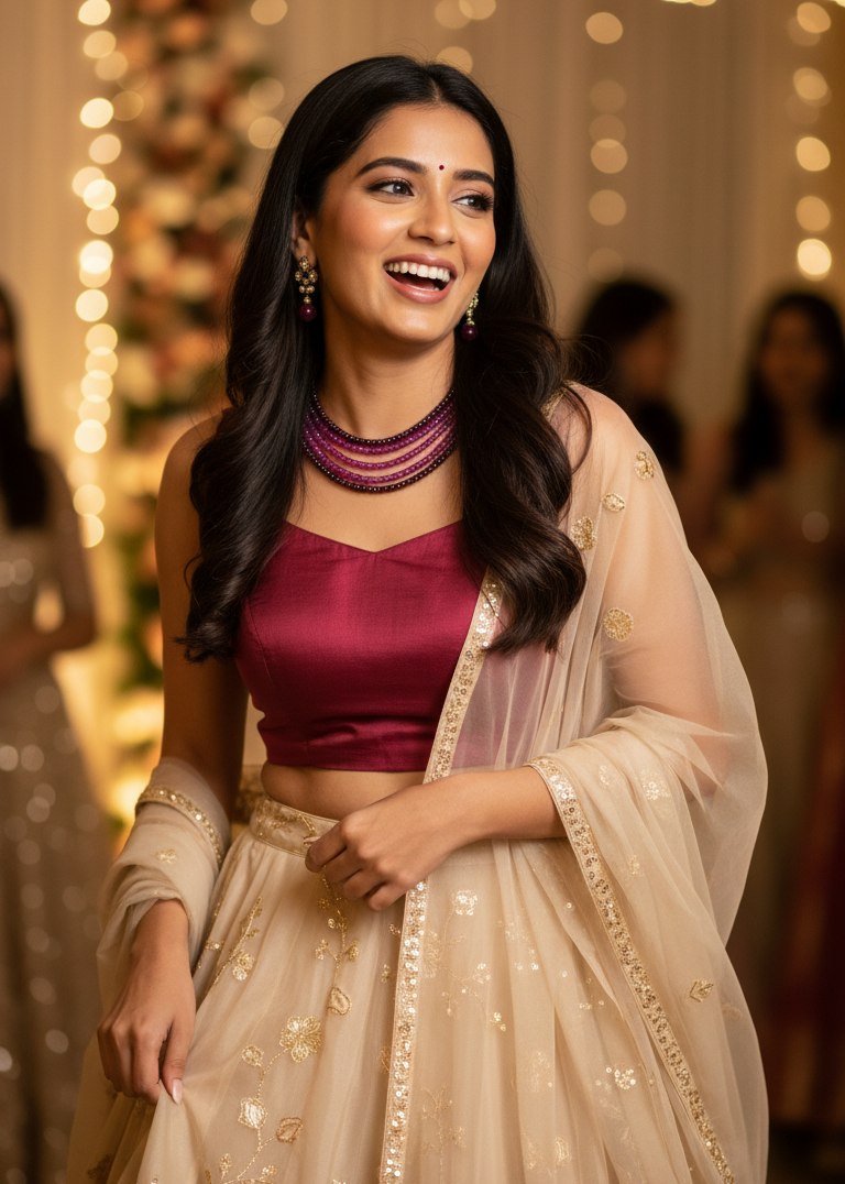 Woman in traditional attire with onyx necklace in festive lights in the background
